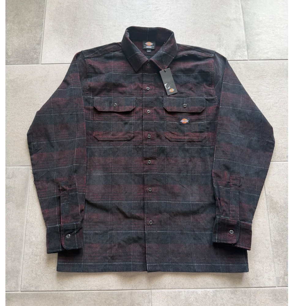 NWT Dickies Mens Corduroy Plaid Button Down Shirt Black Red WLR51CKD Medium